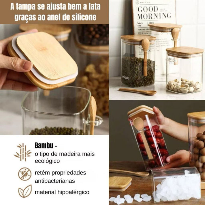 Kit 3 Potes de Vidro Borossilicato com Tampa e Colher de Bambu — 450 ml Quadrado
