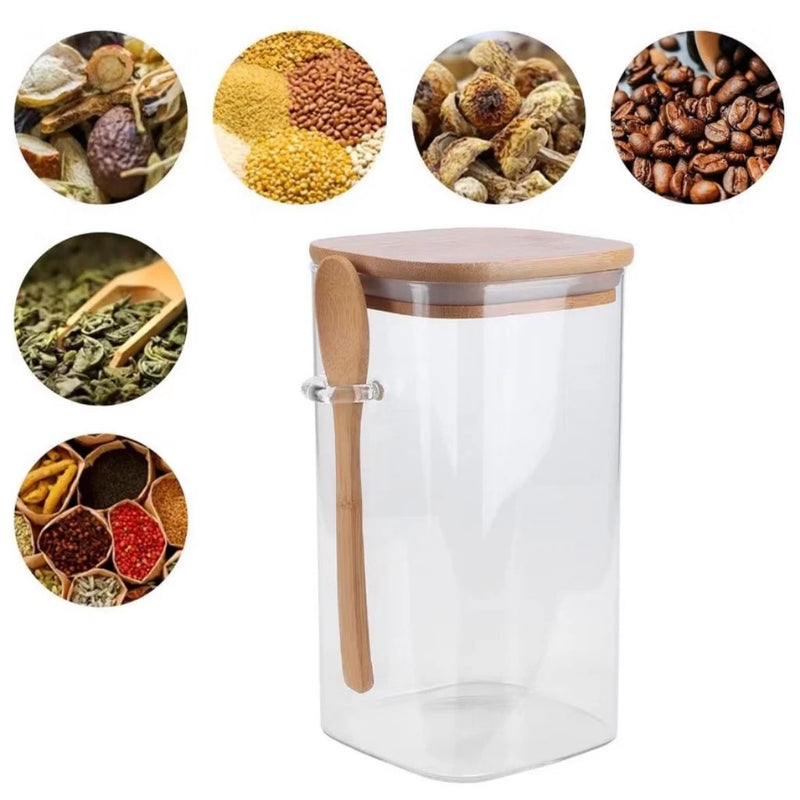 Kit 3 Potes de Vidro Borossilicato com Tampa e Colher de Bambu — 450 ml Quadrado